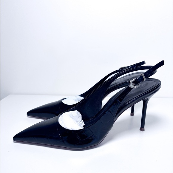 Schutz Paola Black Patent Croc Leather Pointed Toe Slingback Stiletto Heels 8 - Picture 2 of 9